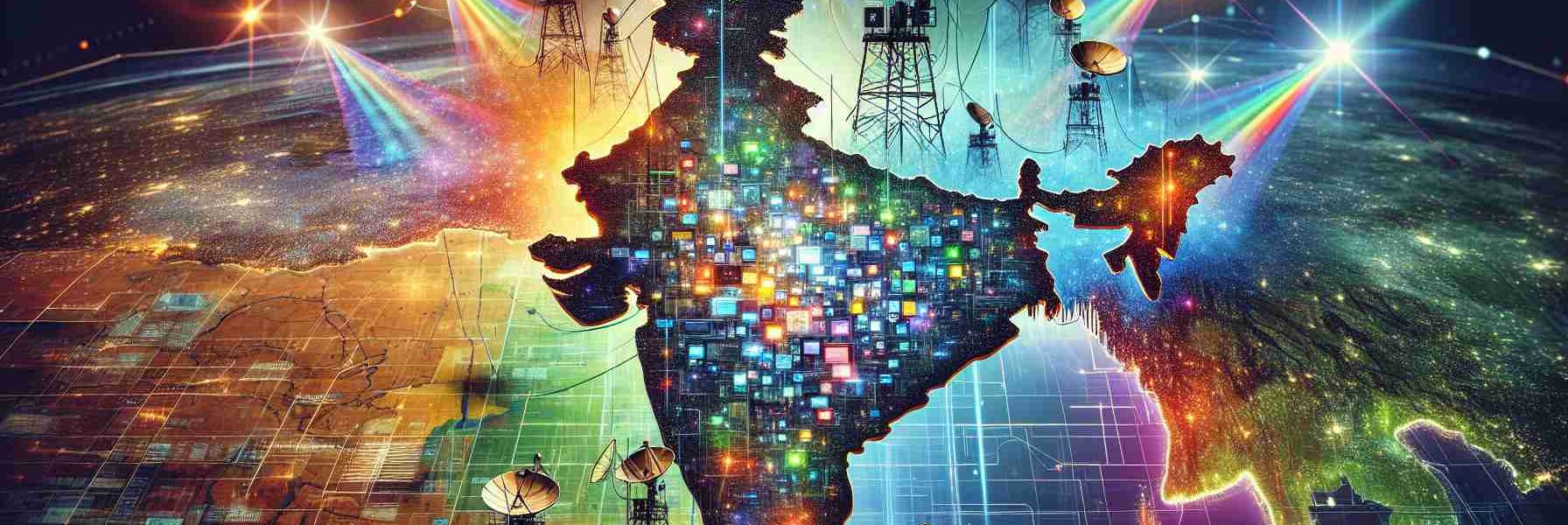 Create an image that depicts a symbolic representation of a major clash for satellite spectrum in India's telecom landscape. Show the satellite beams as diverse colourful lights coming from the sky, intersecting and overlapping over a large, detailed map of India. Include digital elements like signal waves, data packets, and network nodes. Also incorporate traditional Indian elements to ground the image in its geographical context. This visualisation should reflect tension, competition, and the high stakes of the situation.