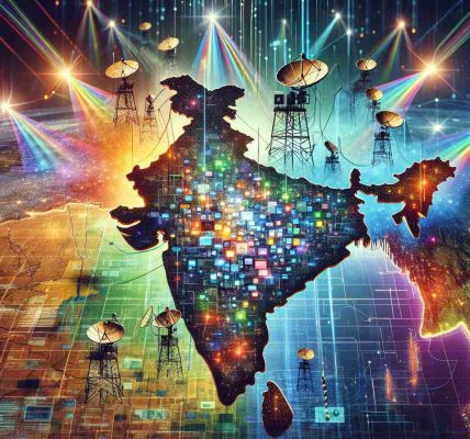 Create an image that depicts a symbolic representation of a major clash for satellite spectrum in India's telecom landscape. Show the satellite beams as diverse colourful lights coming from the sky, intersecting and overlapping over a large, detailed map of India. Include digital elements like signal waves, data packets, and network nodes. Also incorporate traditional Indian elements to ground the image in its geographical context. This visualisation should reflect tension, competition, and the high stakes of the situation.