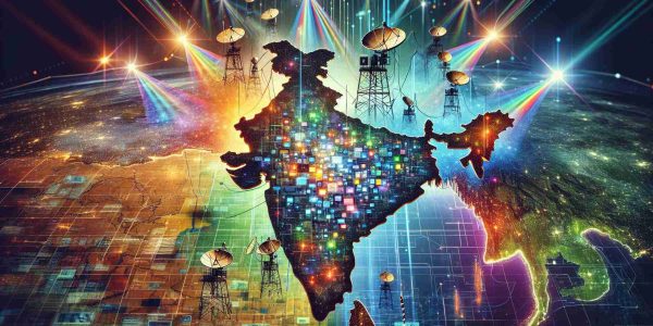 Create an image that depicts a symbolic representation of a major clash for satellite spectrum in India's telecom landscape. Show the satellite beams as diverse colourful lights coming from the sky, intersecting and overlapping over a large, detailed map of India. Include digital elements like signal waves, data packets, and network nodes. Also incorporate traditional Indian elements to ground the image in its geographical context. This visualisation should reflect tension, competition, and the high stakes of the situation.