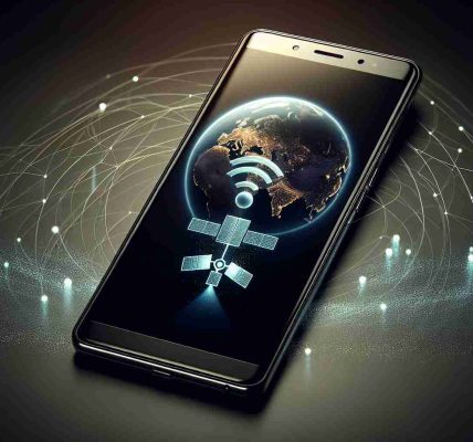 Generate a realistic, high-definition image portraying a newly introduced satellite messaging feature on a smartphone. The phone should have a sleek design, with a modern, illuminated screen displaying a unique satellite icon. This icon implies its advanced connectivity feature. The image should be set against a backdrop that represents wireless communication, such as depicting faint, abstract signals, or a stylized earth globe showing connection points.