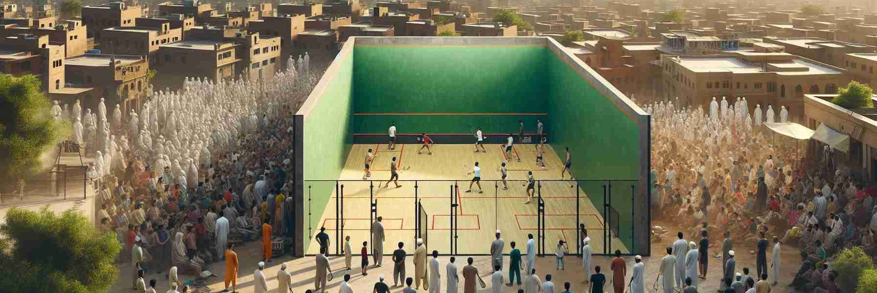 Realistic high definition image capturing the atmosphere of an evolving landscape, including squash courts, athletes of diverse descents training hard and spectators surrounding the field, enjoying the live sports events. Location is urban Pakistan, with elements of local architecture and cultural references.