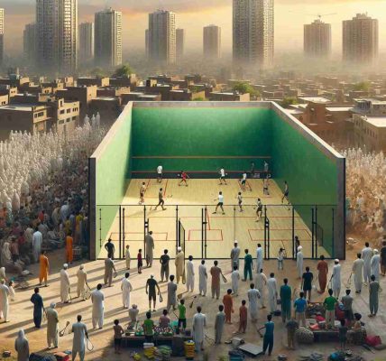 Realistic high definition image capturing the atmosphere of an evolving landscape, including squash courts, athletes of diverse descents training hard and spectators surrounding the field, enjoying the live sports events. Location is urban Pakistan, with elements of local architecture and cultural references.