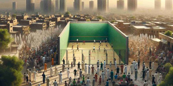 Realistic high definition image capturing the atmosphere of an evolving landscape, including squash courts, athletes of diverse descents training hard and spectators surrounding the field, enjoying the live sports events. Location is urban Pakistan, with elements of local architecture and cultural references.