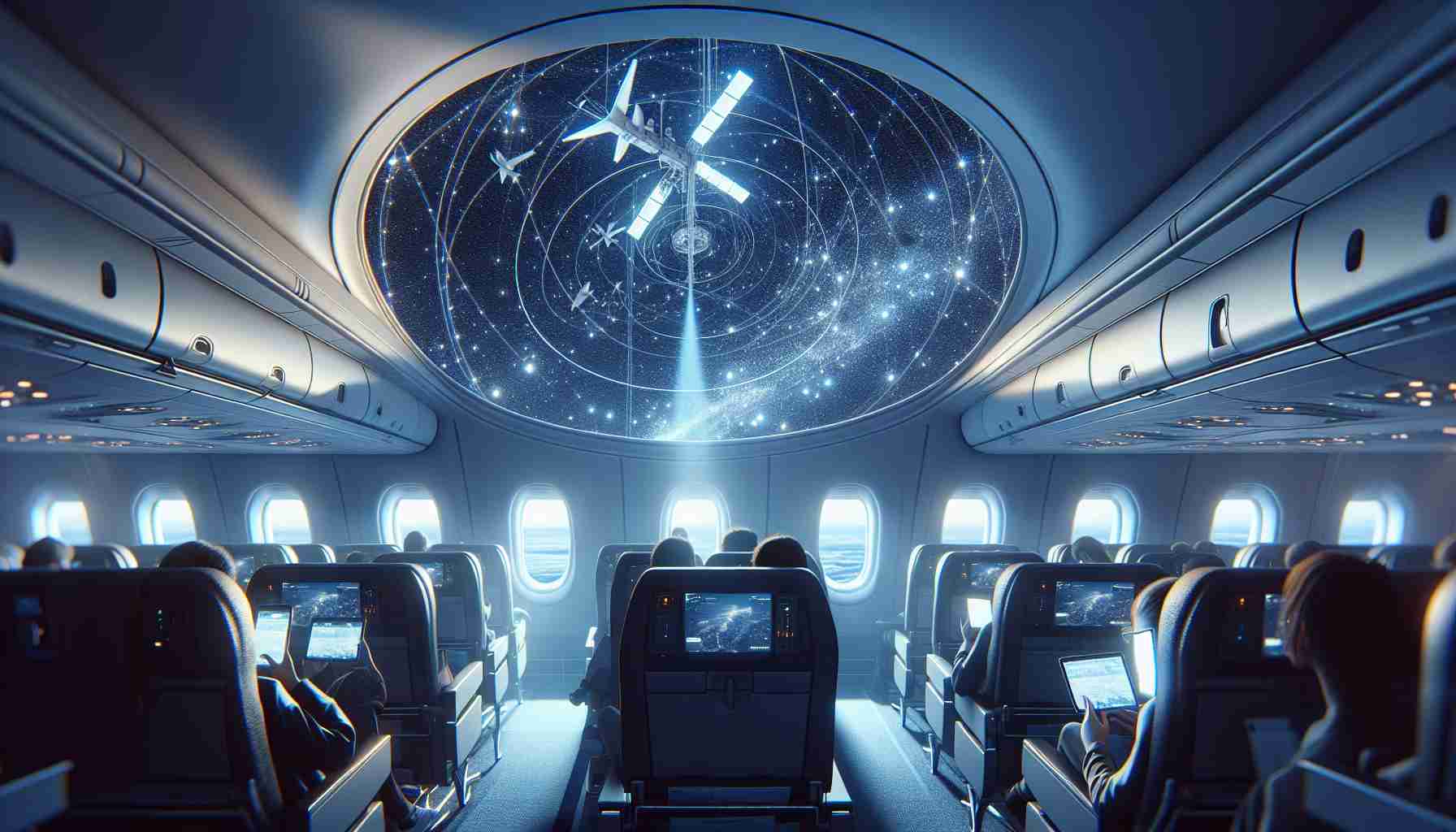 A high-definition, realistic image depicting the experience of In-Flight Connectivity with a fictional satellite internet company. The scene should capture the interior of an airplane with passengers using their devices, enjoying seamless internet connectivity. Visible outside the airplane windows is a clear starry night sky with several faint spots representing the internet satellites. The image overall communicates the convenience and advancement of such technology.