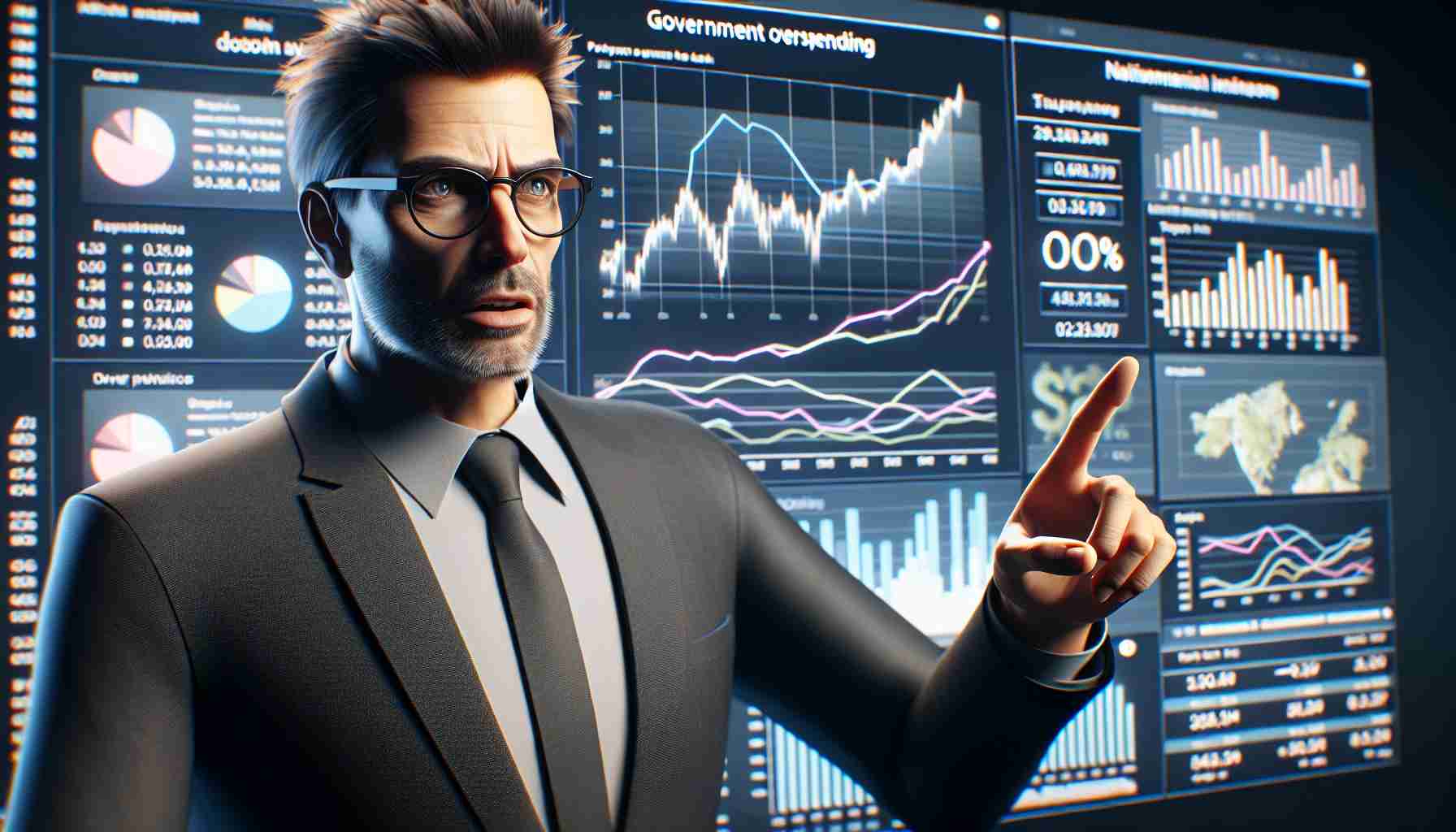 A photorealistic HD image of a prominent tech entrepreneur expressing concern over the issues of government overspending and national debt. He is pointing to a multitude of charts and graphs on a digital screen behind him, vividly illustrating the economic situation. He's middle-aged with short-cropped hair and glasses, sporting a business-casual outfit.