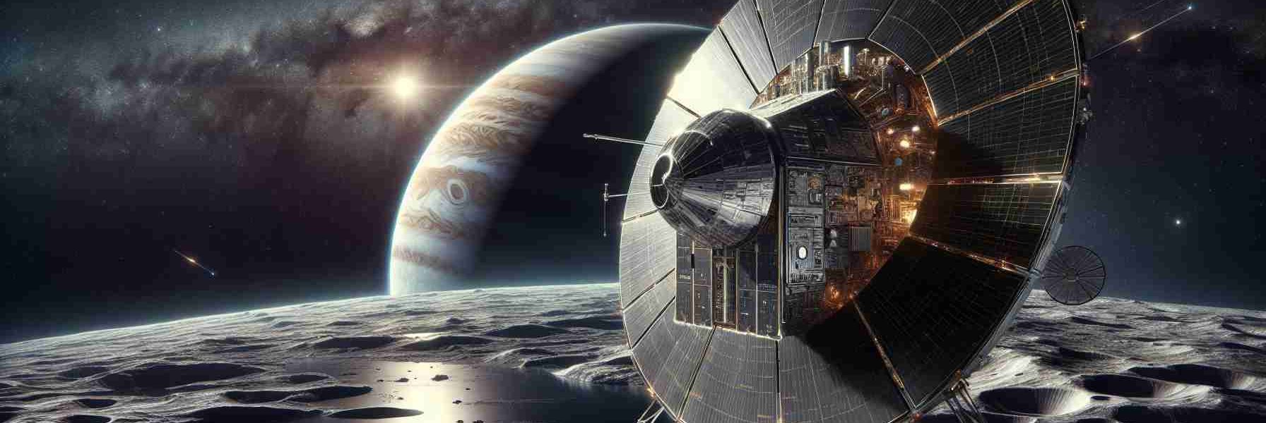 A highly detailed and realistic photographic depiction of the Europa Clipper mission, in the new era of space exploration. The image features the spacecraft in space, set against the inky backdrop of the cosmos and the distant glimmer of stars. The subject, Europa Clipper, is shown in exquisite detail: sleek, futuristic design elements masterpiece of technological prowess, solar panels unfurled, catching the dim glow of a distant sun. In the far background, the stunning sight of the icy moon Europa, the destination of this mission, as it orbits the mighty gas giant Jupiter.