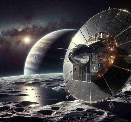 A highly detailed and realistic photographic depiction of the Europa Clipper mission, in the new era of space exploration. The image features the spacecraft in space, set against the inky backdrop of the cosmos and the distant glimmer of stars. The subject, Europa Clipper, is shown in exquisite detail: sleek, futuristic design elements masterpiece of technological prowess, solar panels unfurled, catching the dim glow of a distant sun. In the far background, the stunning sight of the icy moon Europa, the destination of this mission, as it orbits the mighty gas giant Jupiter.