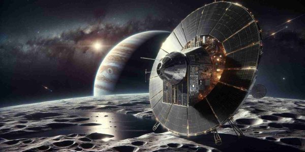 A highly detailed and realistic photographic depiction of the Europa Clipper mission, in the new era of space exploration. The image features the spacecraft in space, set against the inky backdrop of the cosmos and the distant glimmer of stars. The subject, Europa Clipper, is shown in exquisite detail: sleek, futuristic design elements masterpiece of technological prowess, solar panels unfurled, catching the dim glow of a distant sun. In the far background, the stunning sight of the icy moon Europa, the destination of this mission, as it orbits the mighty gas giant Jupiter.