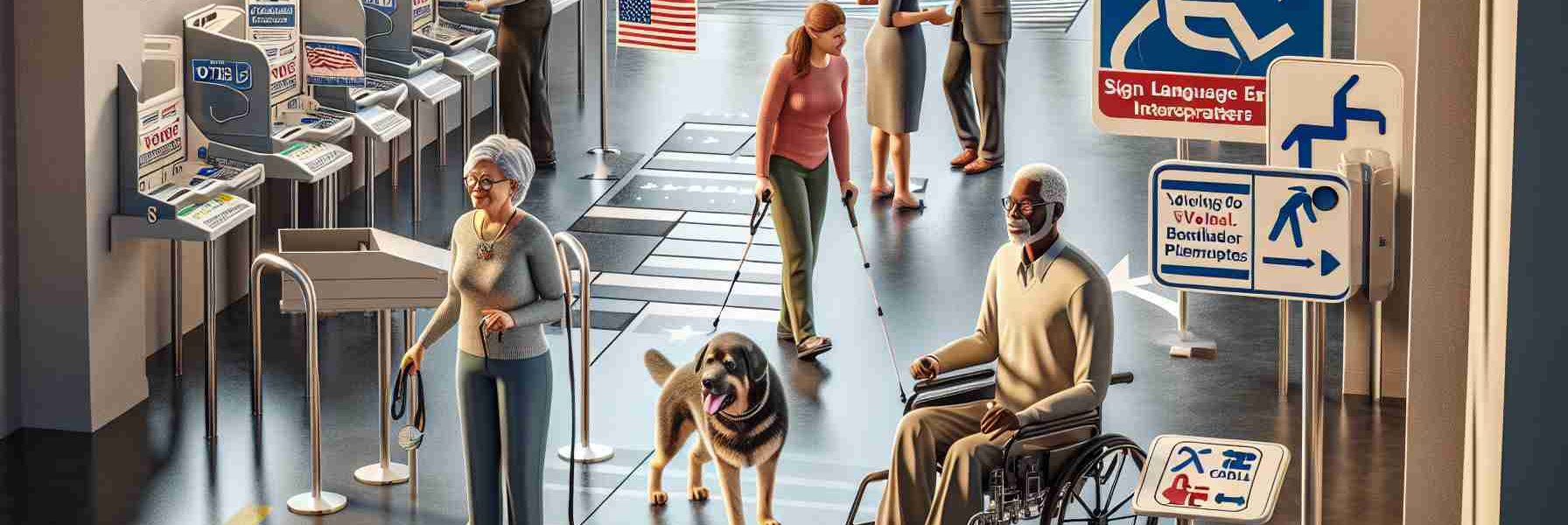 A highly detailed and realistic image depicting improved accessibility for voters with disabilities in Iowa. Show ramps, tactile voting systems, Braille materials, sign language interpreters, and other facilities for physical and sensory disabilities. Include diverse voters using these facilities. Depict a Caucasian woman in a wheelchair, a South Asian man with a visual impairment being assisted by his guide dog, and a Middle-Eastern woman using hearing aids.