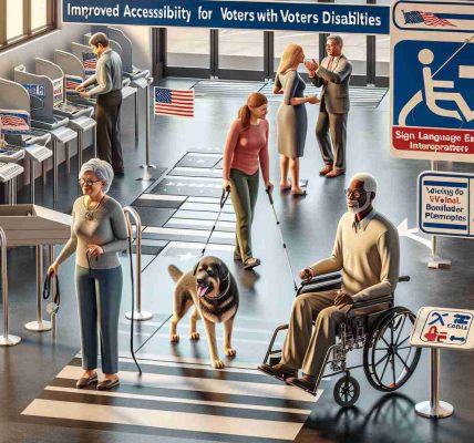 A highly detailed and realistic image depicting improved accessibility for voters with disabilities in Iowa. Show ramps, tactile voting systems, Braille materials, sign language interpreters, and other facilities for physical and sensory disabilities. Include diverse voters using these facilities. Depict a Caucasian woman in a wheelchair, a South Asian man with a visual impairment being assisted by his guide dog, and a Middle-Eastern woman using hearing aids.