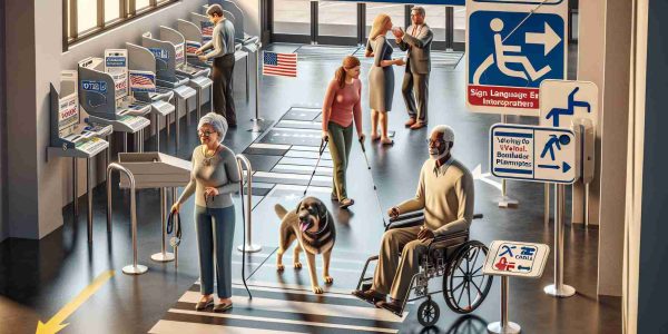 A highly detailed and realistic image depicting improved accessibility for voters with disabilities in Iowa. Show ramps, tactile voting systems, Braille materials, sign language interpreters, and other facilities for physical and sensory disabilities. Include diverse voters using these facilities. Depict a Caucasian woman in a wheelchair, a South Asian man with a visual impairment being assisted by his guide dog, and a Middle-Eastern woman using hearing aids.