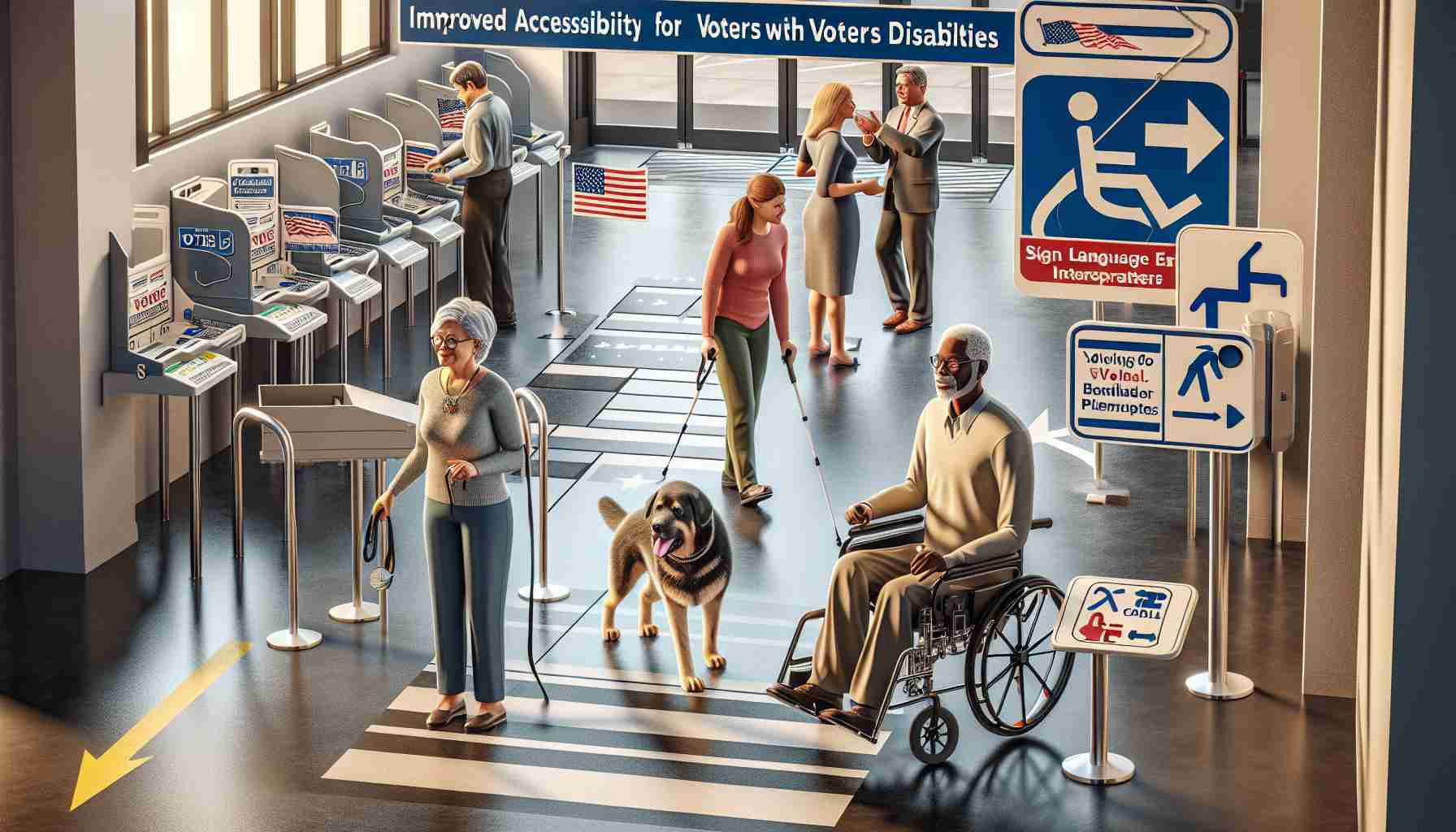 A highly detailed and realistic image depicting improved accessibility for voters with disabilities in Iowa. Show ramps, tactile voting systems, Braille materials, sign language interpreters, and other facilities for physical and sensory disabilities. Include diverse voters using these facilities. Depict a Caucasian woman in a wheelchair, a South Asian man with a visual impairment being assisted by his guide dog, and a Middle-Eastern woman using hearing aids.