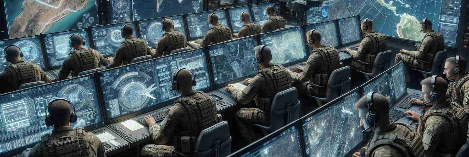 A highly detailed and realistic illustration of a group of military personnel, unspecified in ethnicity or nationality, utilizing advanced satellite communication technology to gain a tactical advantage. They are operating in a command center filled with high-tech equipment including large monitors displaying various geospatial data, tactical layouts of the terrain, and crucial communications links. They appear concentrated and professional, carrying out their duties with precision and efficiency. Their actions visibly illustrate the strategic advantage these futuristic technologies provide.