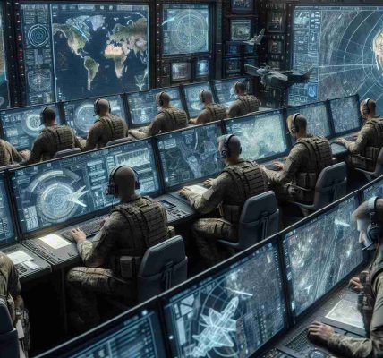 A highly detailed and realistic illustration of a group of military personnel, unspecified in ethnicity or nationality, utilizing advanced satellite communication technology to gain a tactical advantage. They are operating in a command center filled with high-tech equipment including large monitors displaying various geospatial data, tactical layouts of the terrain, and crucial communications links. They appear concentrated and professional, carrying out their duties with precision and efficiency. Their actions visibly illustrate the strategic advantage these futuristic technologies provide.