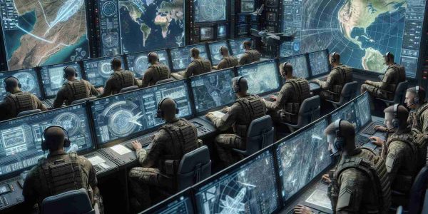 A highly detailed and realistic illustration of a group of military personnel, unspecified in ethnicity or nationality, utilizing advanced satellite communication technology to gain a tactical advantage. They are operating in a command center filled with high-tech equipment including large monitors displaying various geospatial data, tactical layouts of the terrain, and crucial communications links. They appear concentrated and professional, carrying out their duties with precision and efficiency. Their actions visibly illustrate the strategic advantage these futuristic technologies provide.