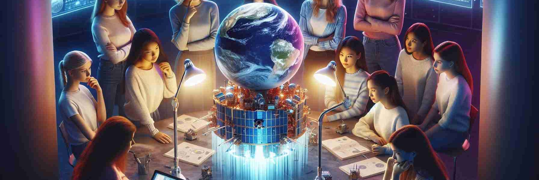 A high-definition image that illustrates the idea of female empowerment through a global space initiative. It encompasses several girls of diverse descents like Caucasian, Hispanic, Black, Middle-Eastern, South Asian, and East Asian, working together on a science project related to space exploration. They surround a scale model of a modern satellite illuminated from above, each intently focusing on a different part of it. Data screens display complex charts and space telemetry in the background, while the globe sits on the nearby desk, symbolizing their global collaboration.