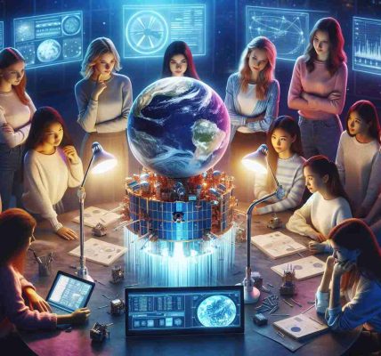 A high-definition image that illustrates the idea of female empowerment through a global space initiative. It encompasses several girls of diverse descents like Caucasian, Hispanic, Black, Middle-Eastern, South Asian, and East Asian, working together on a science project related to space exploration. They surround a scale model of a modern satellite illuminated from above, each intently focusing on a different part of it. Data screens display complex charts and space telemetry in the background, while the globe sits on the nearby desk, symbolizing their global collaboration.