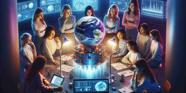 A high-definition image that illustrates the idea of female empowerment through a global space initiative. It encompasses several girls of diverse descents like Caucasian, Hispanic, Black, Middle-Eastern, South Asian, and East Asian, working together on a science project related to space exploration. They surround a scale model of a modern satellite illuminated from above, each intently focusing on a different part of it. Data screens display complex charts and space telemetry in the background, while the globe sits on the nearby desk, symbolizing their global collaboration.