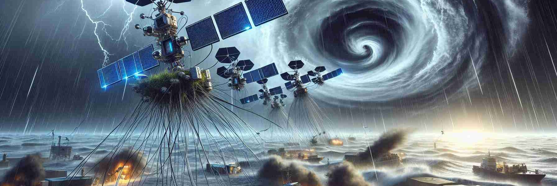 Realistic high-definition image of a communication satellite system, designed like Starlink, aiding in hurricane recovery efforts. In the foreground of the image, there is a hurricane scene displaying heavy rains and strong winds damaging the infrastructure. In the scene, vividly depict the chaos induced by Hurricane Helene. Then, in the sky above the disastrous scene, a number of small satellites are visible, interconnected and communication signals are visibly emanating from them, representing the way they assist in the recovery efforts by providing an important communication network.