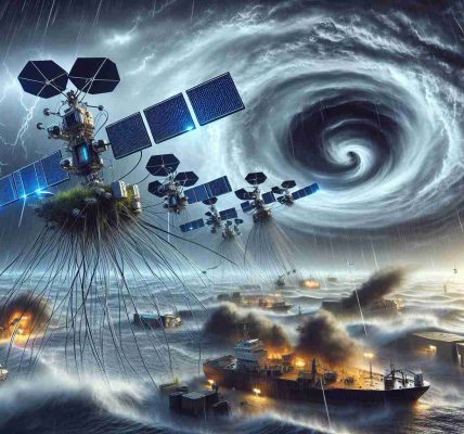 Realistic high-definition image of a communication satellite system, designed like Starlink, aiding in hurricane recovery efforts. In the foreground of the image, there is a hurricane scene displaying heavy rains and strong winds damaging the infrastructure. In the scene, vividly depict the chaos induced by Hurricane Helene. Then, in the sky above the disastrous scene, a number of small satellites are visible, interconnected and communication signals are visibly emanating from them, representing the way they assist in the recovery efforts by providing an important communication network.