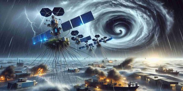 Realistic high-definition image of a communication satellite system, designed like Starlink, aiding in hurricane recovery efforts. In the foreground of the image, there is a hurricane scene displaying heavy rains and strong winds damaging the infrastructure. In the scene, vividly depict the chaos induced by Hurricane Helene. Then, in the sky above the disastrous scene, a number of small satellites are visible, interconnected and communication signals are visibly emanating from them, representing the way they assist in the recovery efforts by providing an important communication network.