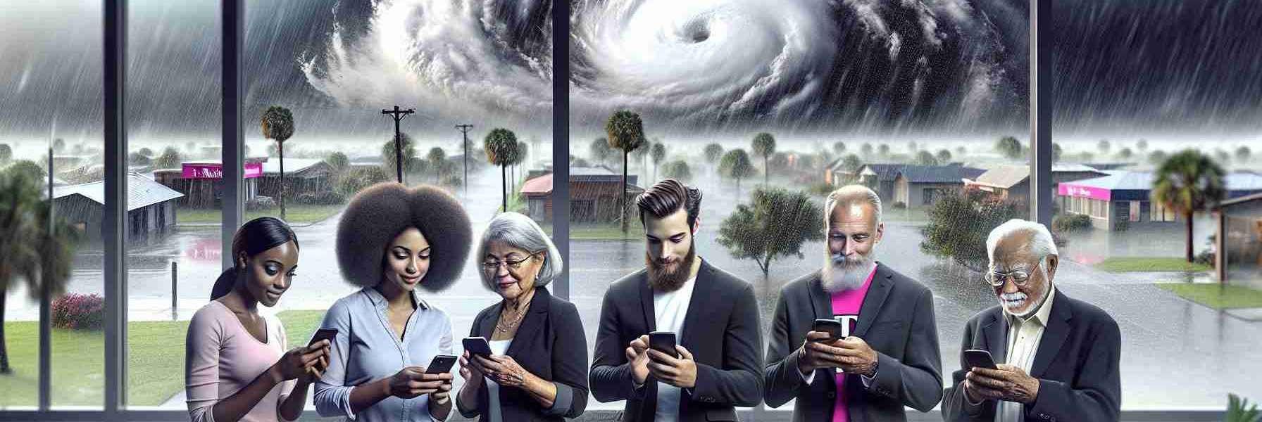 Realistic HD depiction showing a diverse group of individuals using satellite texting services amidst a hurricane. The individuals could include a Black woman, a Caucasian man, and a South Asian elderly person, all possibly T-Mobile users, standing in a safe indoor location, with a storm visible through the windows in the background, signifying the hurricane. They appear calm and connected despite the extreme weather, illustrating the importance of communication during emergencies.