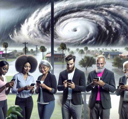 Realistic HD depiction showing a diverse group of individuals using satellite texting services amidst a hurricane. The individuals could include a Black woman, a Caucasian man, and a South Asian elderly person, all possibly T-Mobile users, standing in a safe indoor location, with a storm visible through the windows in the background, signifying the hurricane. They appear calm and connected despite the extreme weather, illustrating the importance of communication during emergencies.