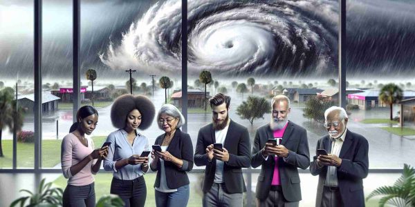 Realistic HD depiction showing a diverse group of individuals using satellite texting services amidst a hurricane. The individuals could include a Black woman, a Caucasian man, and a South Asian elderly person, all possibly T-Mobile users, standing in a safe indoor location, with a storm visible through the windows in the background, signifying the hurricane. They appear calm and connected despite the extreme weather, illustrating the importance of communication during emergencies.