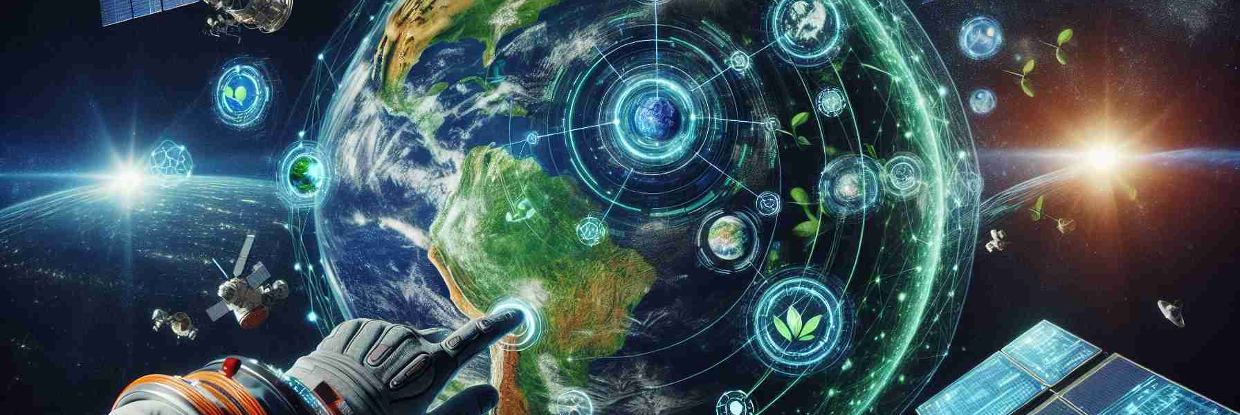 A realistic, high-definition rendering of global space collaboration to amplify sustainability. Portray an earth model with green foliage and blue oceans indicating a healthy planet. Intertwine it with digital elements: holographic screens showing data of renewable energy sources, satellites transmitting data, digital connections between different countries demonstrating cooperation. Show a hand, belonging to a South Asian woman in an astronaut's suit, pushing a lever or button symbolizing the boost in these operations. Include a background of space, filled with stars and distant galaxies, signifying limitless exploration.