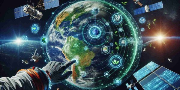 A realistic, high-definition rendering of global space collaboration to amplify sustainability. Portray an earth model with green foliage and blue oceans indicating a healthy planet. Intertwine it with digital elements: holographic screens showing data of renewable energy sources, satellites transmitting data, digital connections between different countries demonstrating cooperation. Show a hand, belonging to a South Asian woman in an astronaut's suit, pushing a lever or button symbolizing the boost in these operations. Include a background of space, filled with stars and distant galaxies, signifying limitless exploration.