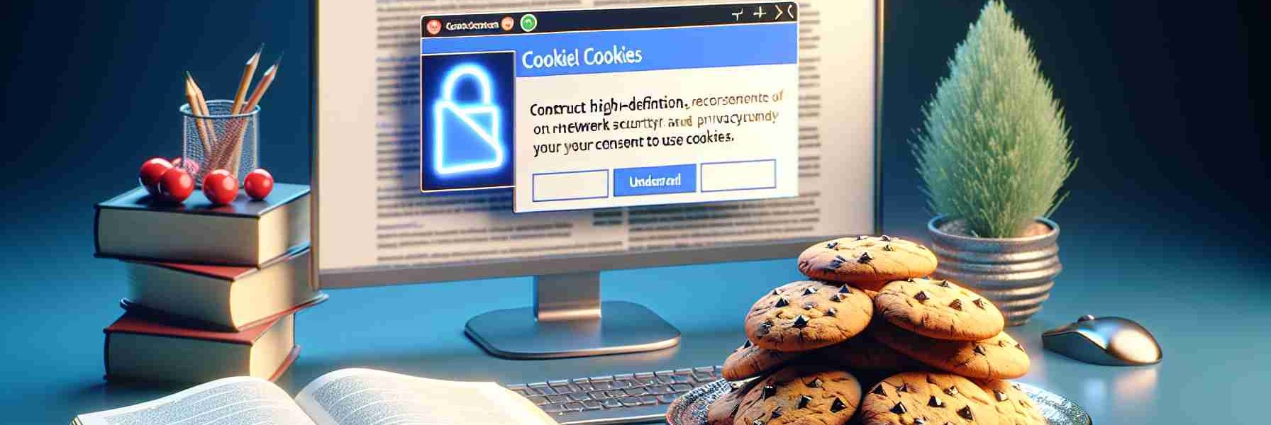 Construct a high-definition, realistic visual representation of the concept of cookie usage on websites. The image should depict a computer screen open to a website, with a notification popped up asking for the user's consent to use cookies. Nearby, have a plate of cookies visual metaphorically signifying the digital cookies. Perhaps, have a book or some sort of reference material on network security and privacy next to the computer to signify the 'understanding' aspect.