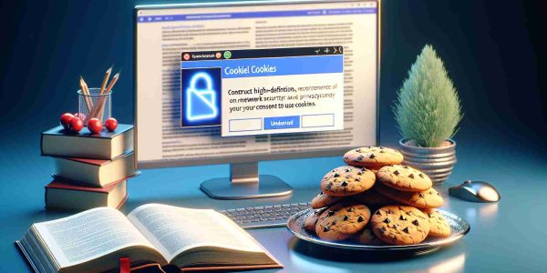 Construct a high-definition, realistic visual representation of the concept of cookie usage on websites. The image should depict a computer screen open to a website, with a notification popped up asking for the user's consent to use cookies. Nearby, have a plate of cookies visual metaphorically signifying the digital cookies. Perhaps, have a book or some sort of reference material on network security and privacy next to the computer to signify the 'understanding' aspect.