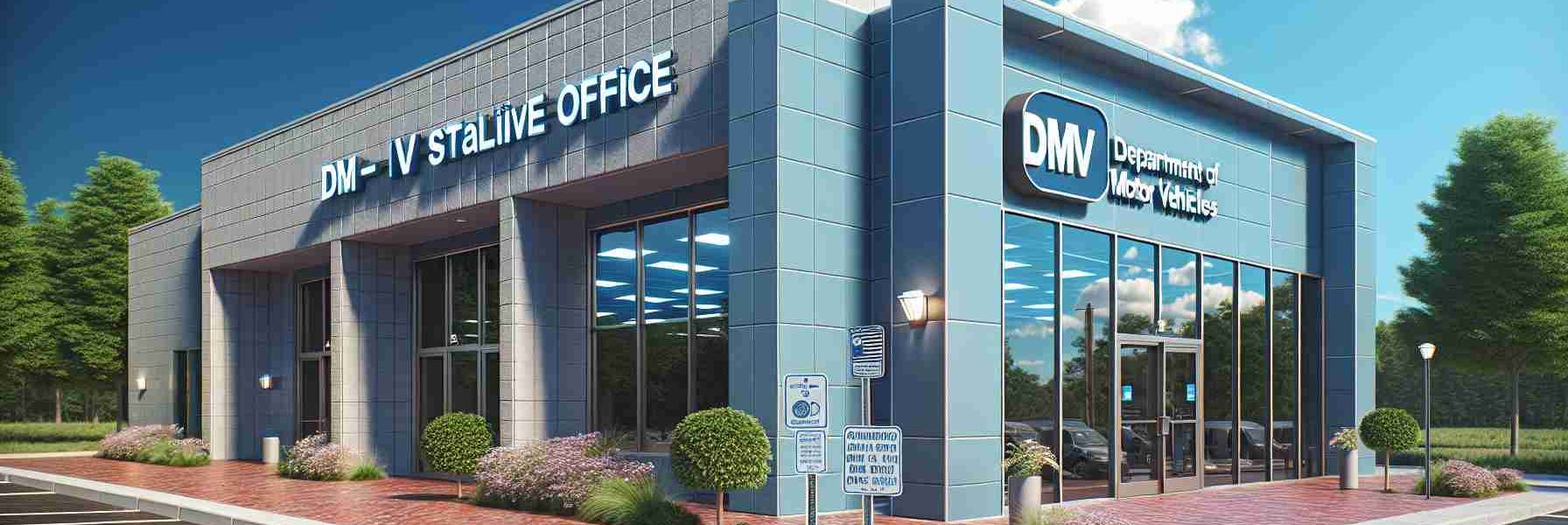 A stunning display of a newly established Department of Motor Vehicles (DMV) satellite office in the charming town of Oneonta. The building, painted in shades of cerulean and light grey, is adorned with large, clear glass windows. An accessible parking lot is visible in the foreground. The signage 'DMV Satellite Office' prominently illuminates above the entrance. Brick sidewalks are accompanied by well-pruned shrubs and trees nearby, reflecting the town's commitment to green spaces. The sky overhead is clear, with small white clouds appearing sporadically in the bright blue expanse. The realism of the scene is emphasized by high-definition details.