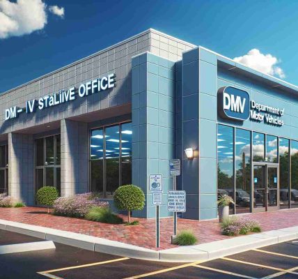 A stunning display of a newly established Department of Motor Vehicles (DMV) satellite office in the charming town of Oneonta. The building, painted in shades of cerulean and light grey, is adorned with large, clear glass windows. An accessible parking lot is visible in the foreground. The signage 'DMV Satellite Office' prominently illuminates above the entrance. Brick sidewalks are accompanied by well-pruned shrubs and trees nearby, reflecting the town's commitment to green spaces. The sky overhead is clear, with small white clouds appearing sporadically in the bright blue expanse. The realism of the scene is emphasized by high-definition details.