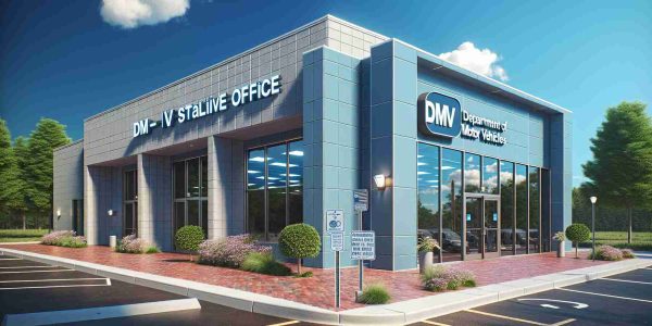 A stunning display of a newly established Department of Motor Vehicles (DMV) satellite office in the charming town of Oneonta. The building, painted in shades of cerulean and light grey, is adorned with large, clear glass windows. An accessible parking lot is visible in the foreground. The signage 'DMV Satellite Office' prominently illuminates above the entrance. Brick sidewalks are accompanied by well-pruned shrubs and trees nearby, reflecting the town's commitment to green spaces. The sky overhead is clear, with small white clouds appearing sporadically in the bright blue expanse. The realism of the scene is emphasized by high-definition details.