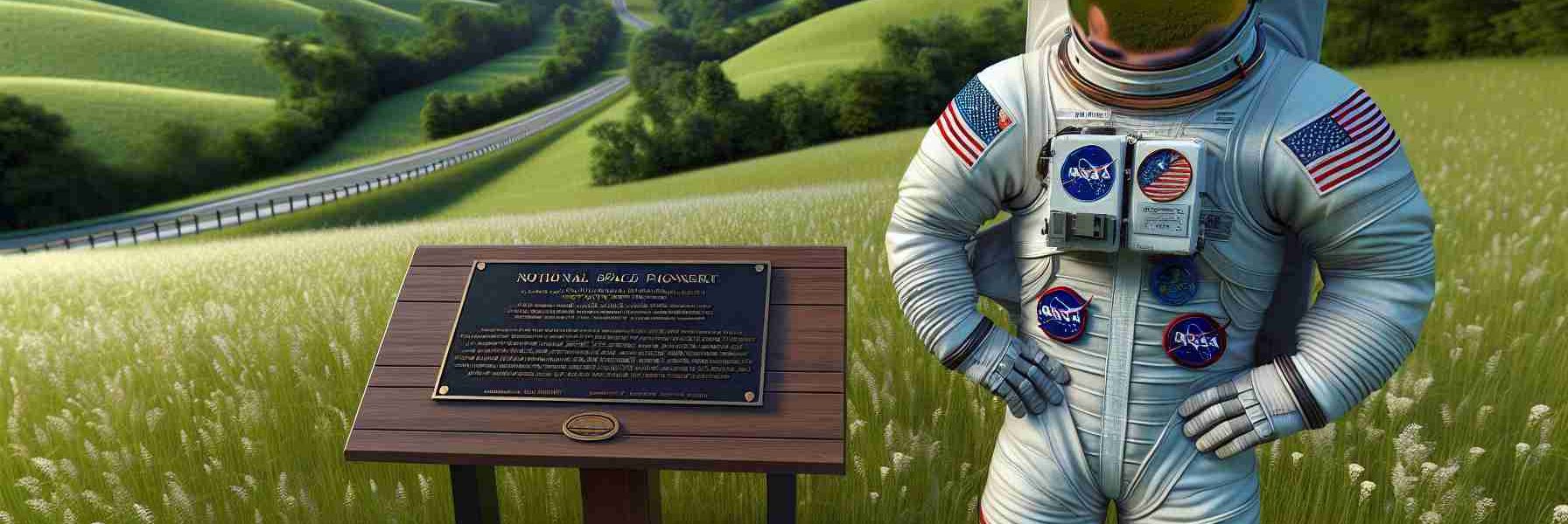 A realistic, high-definition image of a notional space pioneer who has been honored in Kentucky. This distinguished individual is shown standing next to a plaque commemorating their achievements in space exploration. They wear a standard-issue astronaut suit that has the American flag on one arm and their name inscribed on a patch. The setting is marked by distinct features of Kentucky's landscape: rolling hills covered in lush greenery, with the iconic Kentucky bluegrass blanketing the terrain. A clear summer sky stretches above, hinting at the vast cosmos they ventured into.