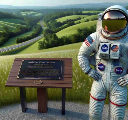 A realistic, high-definition image of a notional space pioneer who has been honored in Kentucky. This distinguished individual is shown standing next to a plaque commemorating their achievements in space exploration. They wear a standard-issue astronaut suit that has the American flag on one arm and their name inscribed on a patch. The setting is marked by distinct features of Kentucky's landscape: rolling hills covered in lush greenery, with the iconic Kentucky bluegrass blanketing the terrain. A clear summer sky stretches above, hinting at the vast cosmos they ventured into.