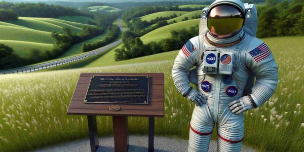 A realistic, high-definition image of a notional space pioneer who has been honored in Kentucky. This distinguished individual is shown standing next to a plaque commemorating their achievements in space exploration. They wear a standard-issue astronaut suit that has the American flag on one arm and their name inscribed on a patch. The setting is marked by distinct features of Kentucky's landscape: rolling hills covered in lush greenery, with the iconic Kentucky bluegrass blanketing the terrain. A clear summer sky stretches above, hinting at the vast cosmos they ventured into.