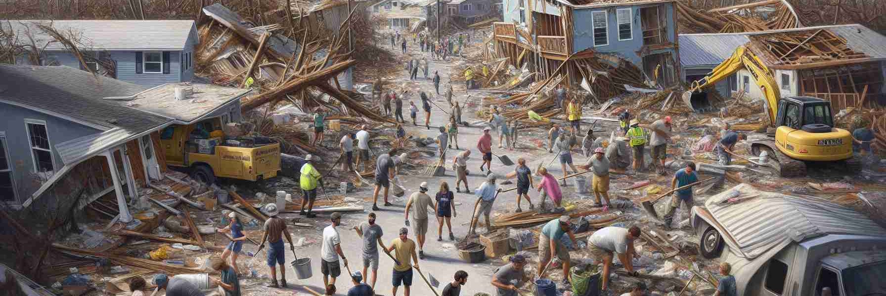 In high definition, visualize a scene of recovery in Florida after the devastation of Hurricane Milton. The image should capture the essence of resilience and hope. It should illustrate the damaged infrastructure, scattered debris, and uprooted trees. Additionally, communities joining hands to clean up and rebuild the neighborhood should also be emphasized. Various workers and volunteers, representing different genders and descents such as Black, Caucasian, Hispanic, Middle-Eastern, and South Asian, should be seen engaged in different recovery tasks. The sky should gradually clear, painting a picture of optimism in the face of adversity.