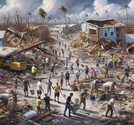 In high definition, visualize a scene of recovery in Florida after the devastation of Hurricane Milton. The image should capture the essence of resilience and hope. It should illustrate the damaged infrastructure, scattered debris, and uprooted trees. Additionally, communities joining hands to clean up and rebuild the neighborhood should also be emphasized. Various workers and volunteers, representing different genders and descents such as Black, Caucasian, Hispanic, Middle-Eastern, and South Asian, should be seen engaged in different recovery tasks. The sky should gradually clear, painting a picture of optimism in the face of adversity.