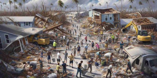 In high definition, visualize a scene of recovery in Florida after the devastation of Hurricane Milton. The image should capture the essence of resilience and hope. It should illustrate the damaged infrastructure, scattered debris, and uprooted trees. Additionally, communities joining hands to clean up and rebuild the neighborhood should also be emphasized. Various workers and volunteers, representing different genders and descents such as Black, Caucasian, Hispanic, Middle-Eastern, and South Asian, should be seen engaged in different recovery tasks. The sky should gradually clear, painting a picture of optimism in the face of adversity.