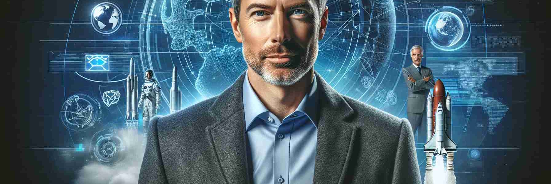 Realistic high-definition image of a visionary entrepreneur in his 40s, with a somewhat casual yet professional clothing style, thinning short hair, and a hint of facial stubble, standing in front of a futuristic backdrop that represents global influence. This backdrop could include symbolic elements, such as a globe, various technological and scientific icons, and launches marking advancements in space exploration.