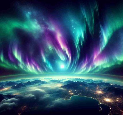 Generate a realistic, high-definition image of a powerful solar storm occurring in space. This cosmic event results in a breathtaking display of the Northern Lights, brightly illuminating the skies above inebriating hues of green, purple, and blue. Make sure to capture the essence of the Southern night skies being lit up by this spectacular phenomenon.