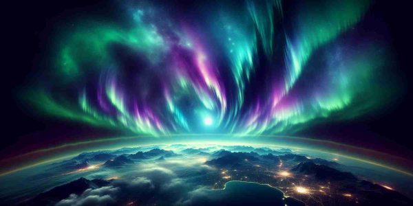 Generate a realistic, high-definition image of a powerful solar storm occurring in space. This cosmic event results in a breathtaking display of the Northern Lights, brightly illuminating the skies above inebriating hues of green, purple, and blue. Make sure to capture the essence of the Southern night skies being lit up by this spectacular phenomenon.