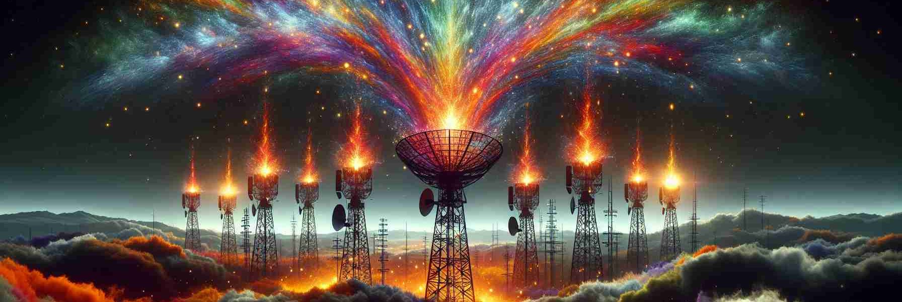 An ultra high-definition realistic image showcasing a representation of the Satellite Spectrum. It vividly depicts various colors and frequencies which metaphorically ignite sparks, symbolizing the intensity of the controversy among the faceless telecom giants. The telecom towers are distinctly marked, appearing vigorous and dominant in the landscape, while clouds of debate and conflict swirl around them.