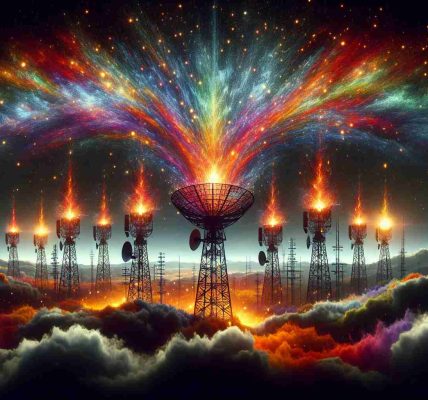 An ultra high-definition realistic image showcasing a representation of the Satellite Spectrum. It vividly depicts various colors and frequencies which metaphorically ignite sparks, symbolizing the intensity of the controversy among the faceless telecom giants. The telecom towers are distinctly marked, appearing vigorous and dominant in the landscape, while clouds of debate and conflict swirl around them.