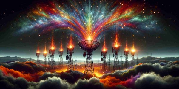 An ultra high-definition realistic image showcasing a representation of the Satellite Spectrum. It vividly depicts various colors and frequencies which metaphorically ignite sparks, symbolizing the intensity of the controversy among the faceless telecom giants. The telecom towers are distinctly marked, appearing vigorous and dominant in the landscape, while clouds of debate and conflict swirl around them.