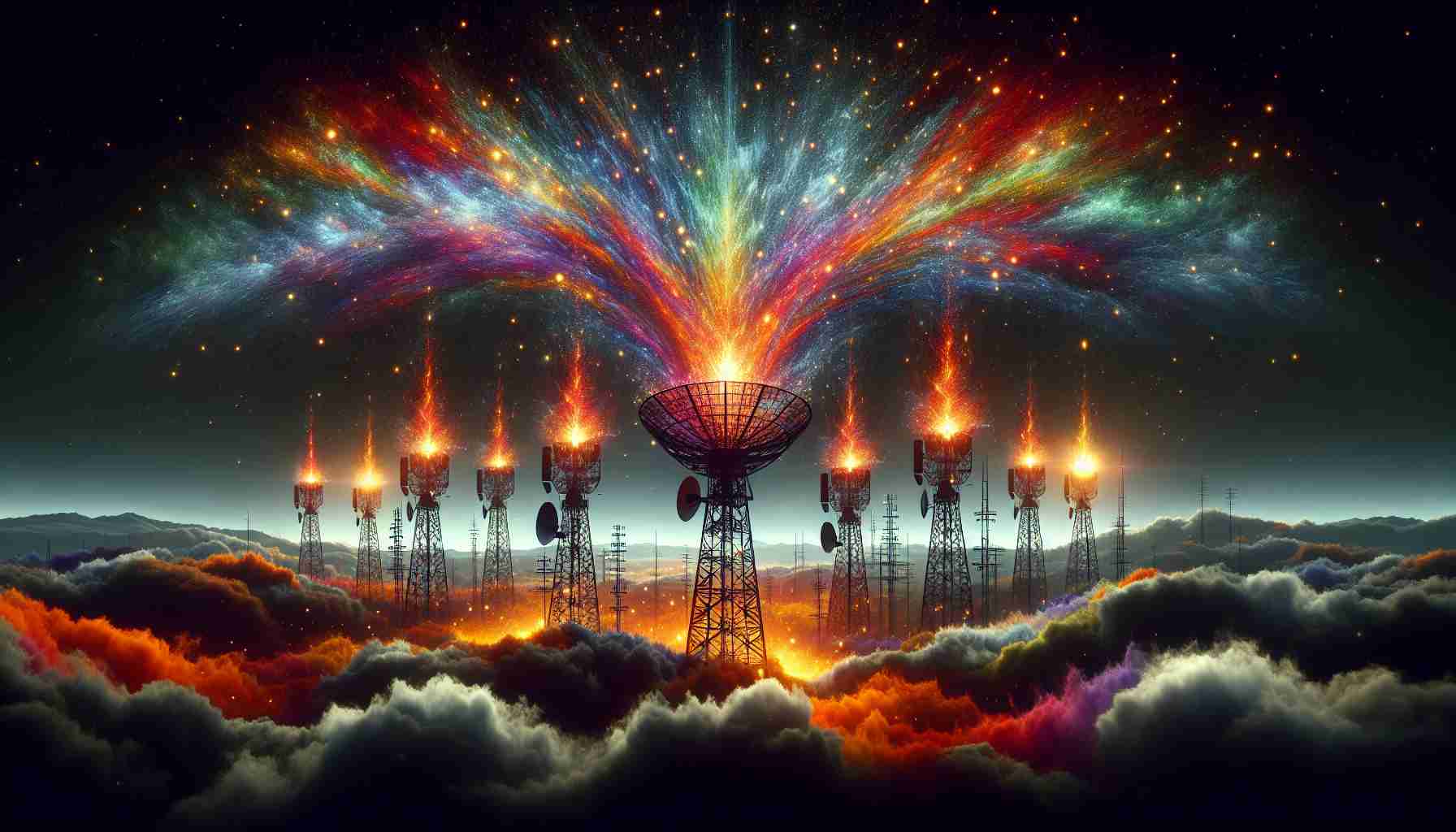 An ultra high-definition realistic image showcasing a representation of the Satellite Spectrum. It vividly depicts various colors and frequencies which metaphorically ignite sparks, symbolizing the intensity of the controversy among the faceless telecom giants. The telecom towers are distinctly marked, appearing vigorous and dominant in the landscape, while clouds of debate and conflict swirl around them.