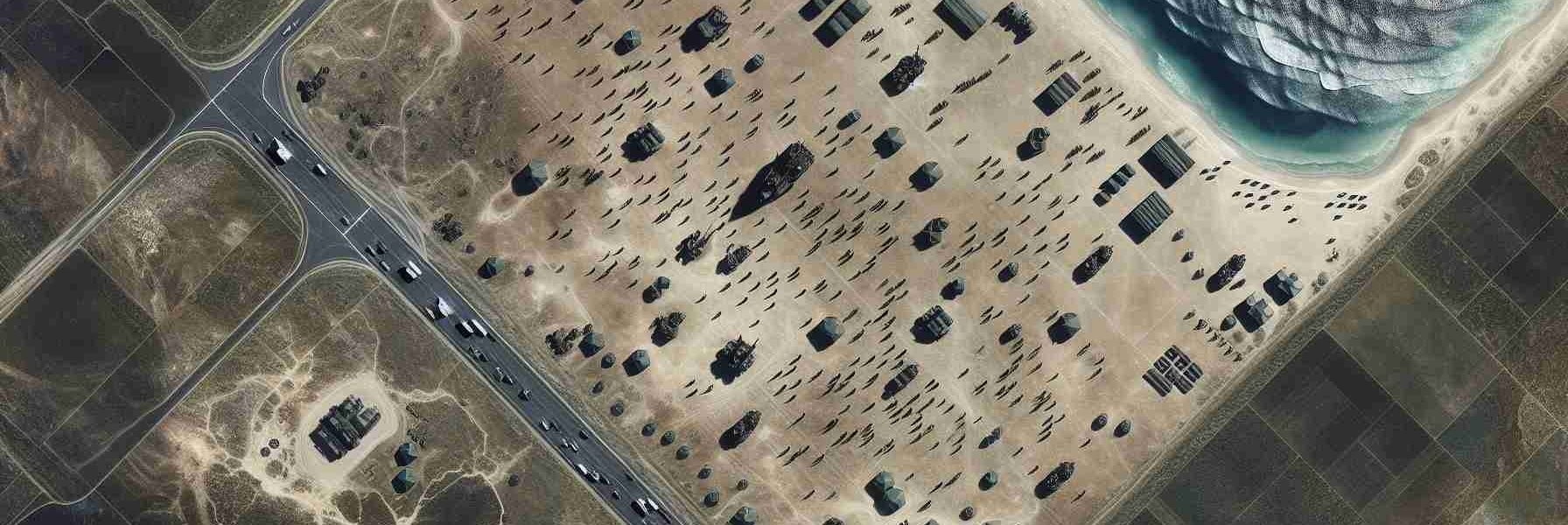 A high definition, realistic image depicting the interpretation of satellite imagery to visualize military movements. The image should contain a top-down satellite view of a generic, unlabelled geographical terrain with signs of military activity such as camouflage tents, armored vehicles, and troops marching.