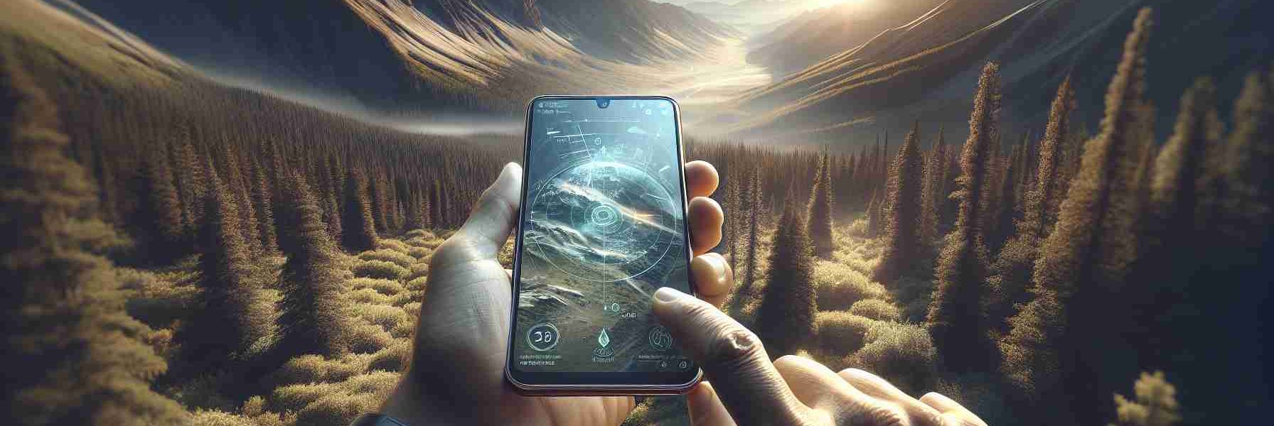 A highly-detailed, realistic and high-definition image displaying the concept of staying connected while in the wilderness. The image should depict a rugged outdoor landscape, possibly a vast forest or mountain range under a clear sky. In this environment, we see a hand holding a sophisticated smartphone. The screen of the phone should display satellite imagery, indicating advanced features that allow users to stay connected and navigate even in remote locations. Soft sunlight filters through the trees and illuminates the phone screen, the human hand should belong to an adult South Asian male. Extra detail should be given to the interface shown on the smartphone screen, highlighting the satellite capabilities.